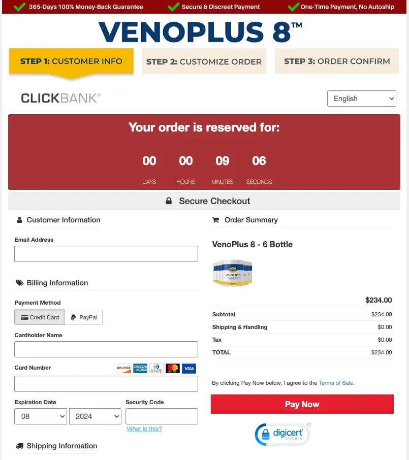 VenoPlus 8™  Checkout Page
